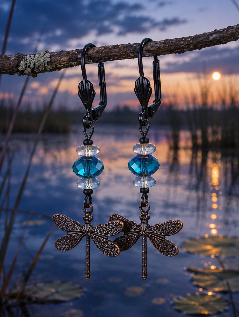 Blue Czech Glass Dragonfly Earrings Twilight Summer Artisan Jewelry Handcrafted